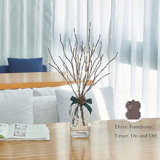 Birchlitland Lighted Brown Branches 18IN 70L Warm White Fairy Lights, LED Willow Branch Lights with Timer Battery Operated for Home Bedroom Living Room Vase Decoration
