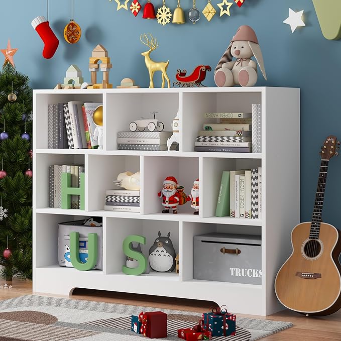 Book Shelf Set of 2, 10 Cubes Storage Organizer, 3-Tier Open Shelf Wooden Bookcase, Freestanding White Bookshelf Cube Shelf for Bedroom, Living Room, Home Office