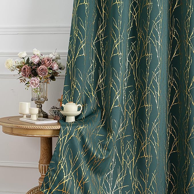 Grommets Blackout Long Window Curtains Green Gold-52W*95L 2PCS Drapes for Bedroom