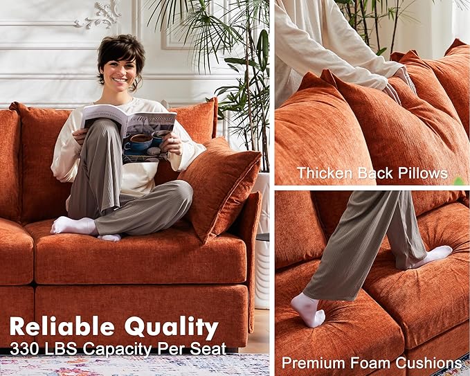 102.6" Luxury Modular Sleeper Sofa Bed 6 Seat Reversible Sectional Couch Deep Seat with Storage Chaises Removable Cover for Living Room, Apartment - Chenille Terracotta Orange