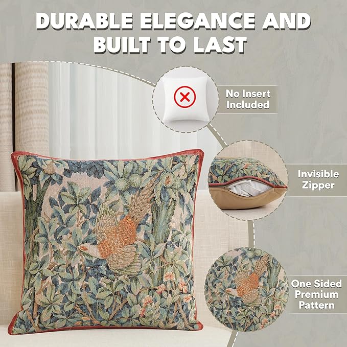 Charlotte Home Furnishings Decorative Tapestry Pillow Cover 14x14 in, Green Pheasant Couch Throw Pillow Cover, French Country Square Cushion Cases for Bed Room Home Decor, Soft Cotton Jacquard Woven