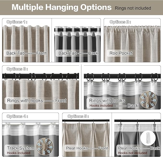 Extra Wide Curtains 96 Inch Long 2 Panels,Floor to Ceiling Boho Noise Reduction Window Burlap Track System Curtain Panels for Country Villa Back Tab Pleat Tape with Hooks,Linen Beige 70x96