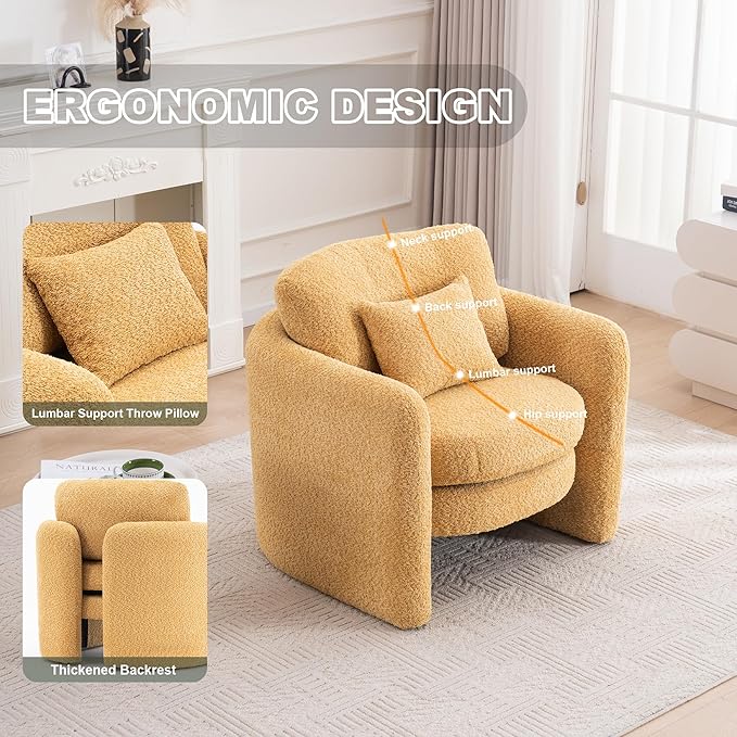 Chenille Accent Armchair Oversize Upholstered Barrel Comfy Modern Round Lounge Sofa Chair with Pillow Cozy Reading Chairs for Apartment,Office,Living Room,Dining,Makeup,Club,Yellow
