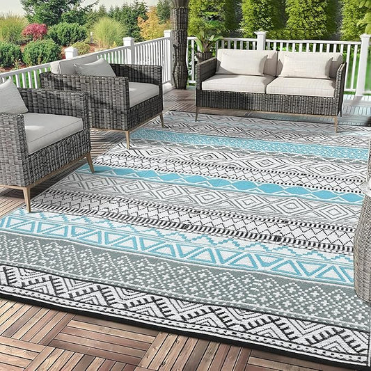 GAOMON Outdoor Plastic Straw Rug, 10'x14' Reversible Sage Green Patio Mat, Flower Modern Design for RV, Backyard, Deck, Camping, Picnic, Blue/Grey(Bohemia)