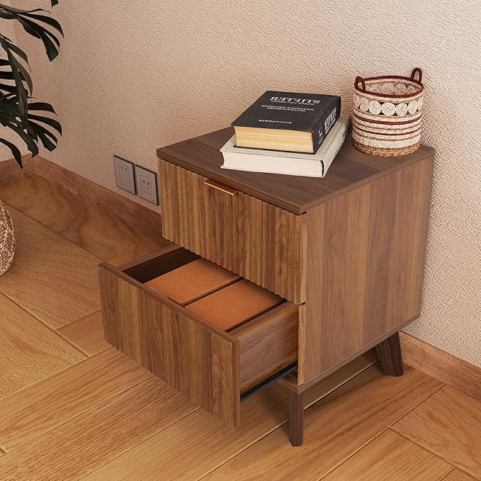 Fluted Nightstand, Mid Century Modern 2 Drawer Bedside Table for Bedroom, Small Dresser Night Stand Side End Table with Wood Fluted Drawer Storage for Bedroom Closet(Walnut)