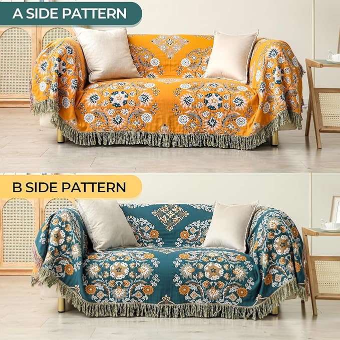 Boho Throw Blanket for Bed,100% Cotton Ultra Soft Lightweight Muslin 4-Layer Breathable Woven Throws 60''x 80'' Blanket Yellow Floral Printed Farmhouse Decor Bed Blankets