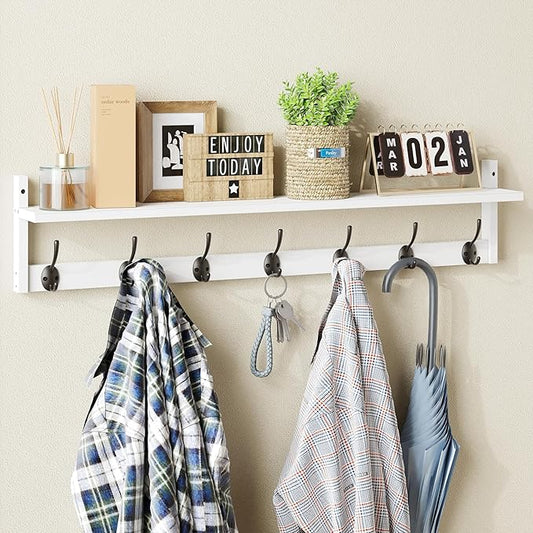 BAMEOS 35" L Wall Hooks with Shelf, Entryway Coat Hooks for Wall with Shelf, Wood Wall Hanging Shelf, Wall-Mounted Coat Rack with 7 Dual Metal Hooks for Bathroom, Kitchen, Living Room, Bedroom (White)