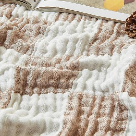 EMME Checkered Cotton Blanket Twin Large 60"x80" 100% Muslin for Couch Breathable Cooling Gauze All Season Soft and Lightweight Pre-Washed (Light Tan)