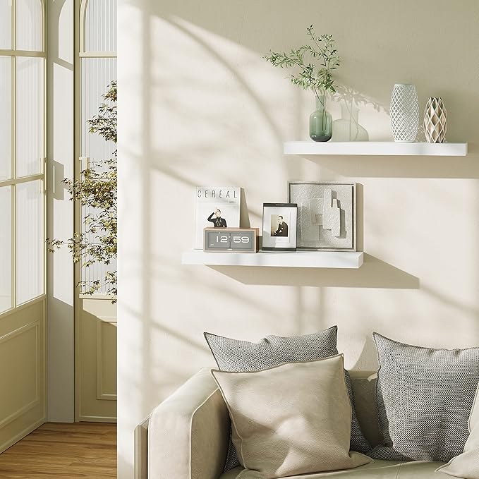 BAMEOS Floating Shelf,Wall Shelf,Decor Wall Mounted Shelves,Hanging Shelf Set L24xW6 for Bathroom Kitchen Living,Kitchen,Room Bedroom Storage,White