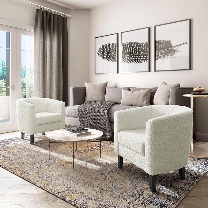 BELLEZE Accent Barrel Chair Set of 2, Linen Round Chair Club Tub Sofa Corner Chair with Flared Legs and Cozy Soft Padding for Living Room Bedroom Waiting Room - Teddy White