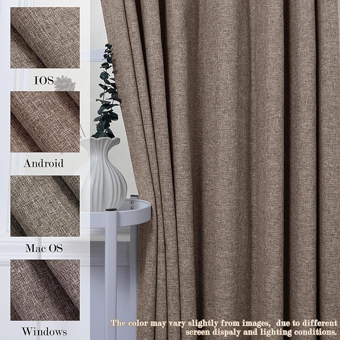 70" W x 108" L Faux Linen Room Divider Curtains, Full Blackout Pinch Pleated Drapes for Traverse Rod, Bedroom Divider Privacy Drapery with Hooks for Ceiling Track, 1 Panel, Light Brown
