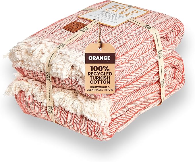 Gold Case Throw Blanket for Couch – 100% Recycled Turkish Cotton Blankets – Elegant Decorative Throw Blankets for Living Room Sofa – Woven Throws for Couch – Vintage Orange – 50x60 (Set of 2)
