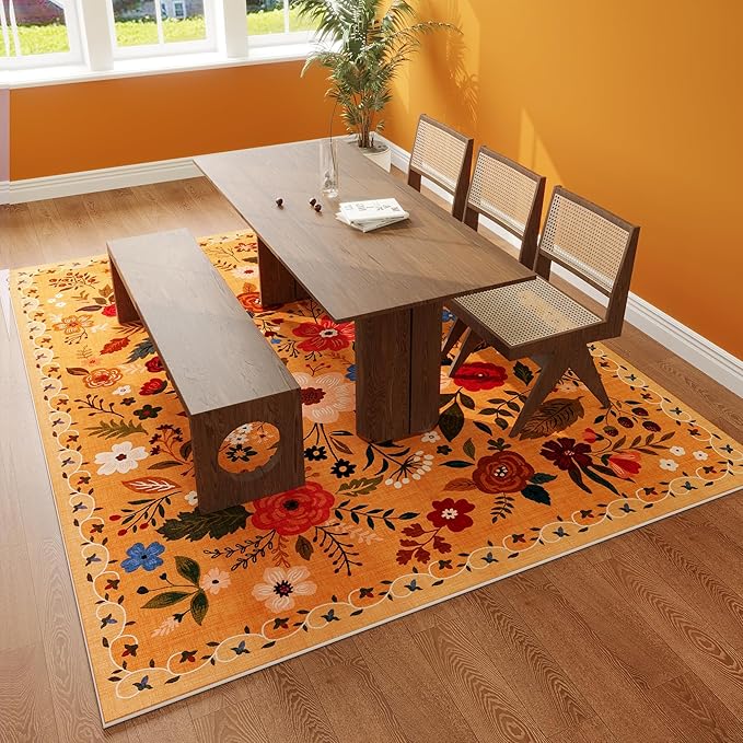 Area Rugs 8x10 Rug for Living Room Clearance Washable Boho Area Rug Non Slip Floral Vintage Low Pile Large Rug for Living Room, Bedroom, Farmhouse, Dining Room, Kids Playroom(Yellow)