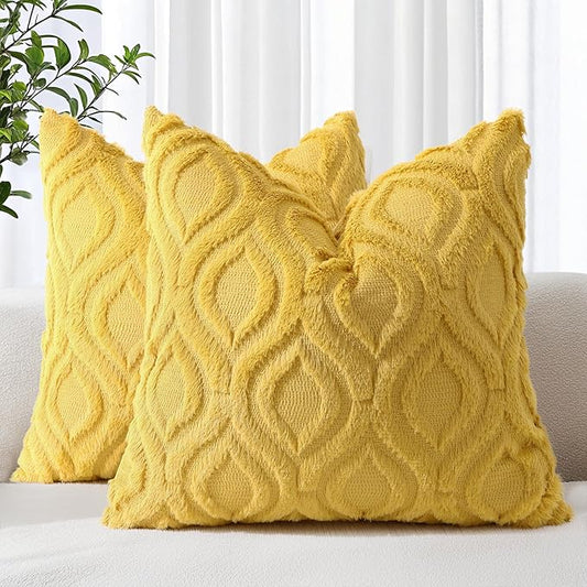 decorUhome Throw Pillow Covers 20x20 Inch Set of 2, Soft Plush Decorative Faux Fur Mustard Yellow Solid Couch Pillow Covers, Accent Farmhouse Neutral Square Euro Pillow Cases for Sofa Bed Living Room