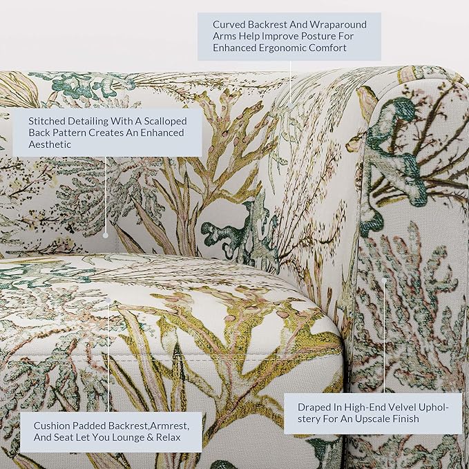 BELLEZE Living Room Chair, Linen Round Accent Barrel Chair, Club Tub Sofa Chair for Bedroom, Corner Chair with Flared Legs and Cozy Soft Padding - Highland (Green Coral)