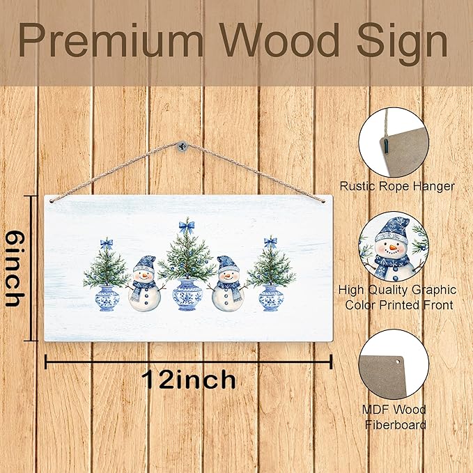 DUXMNAMG Chinoiserie Snowman Winter Hanging Wooden Signs 12x6, Blue and White Porcelain Snowman Sign, Winter ChristmasTree Blue Bow Snowman Chinoiserie Signs for Home Room Office Hanging Wall Decor