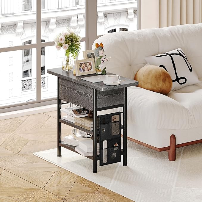 End Table with Charging Station, Flip Top Nightstand with USB Ports and Outlets,Couch Side Table with Fabric Bag and Hooks, Bedside Table for Space Saving, Living Room, Bedroom (Grey)