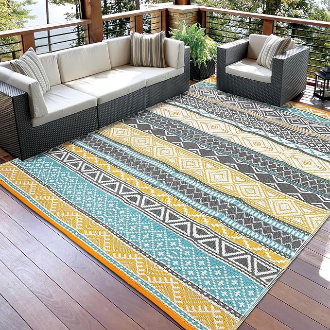GAOMON Outdoor Rug Waterproof 8'x10', Reversible Outdoor Plastic Straw Rug, Boho Patio Rug, Indoor Outdoor Carpet, RV Mat Outside for Patio, Camp, Picnic, Balcony, Deck, Teal/Yellow(Bohemia)