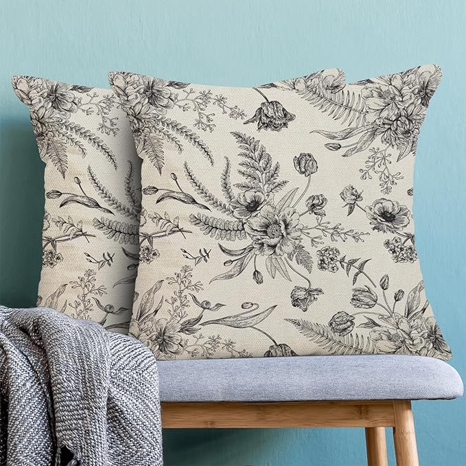 CXMEIFLY Spring Floral Leaves Pillow Covers 24 x 24 Inch Set of 2 for Chinoiserie Flowers Decor Throw Pillows Black and White Seasonal Plant Outdoor Decorative Cushion Cases for Couch Bed Decorations