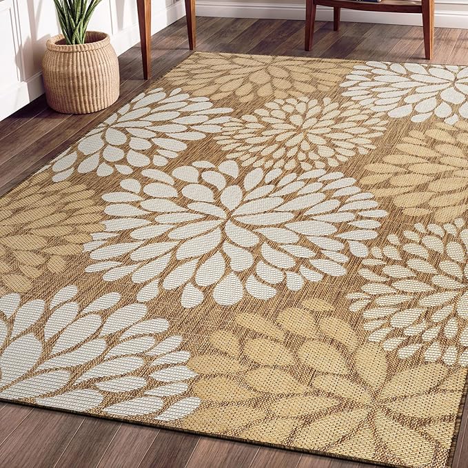 Beverly Rug Outdoor Rug 6x9 Modern Exotic Tropical Leaf Area Rugs for Indoor and Outdoor Patio Deck Porch Garden Water Resistant Washable Outside Carpet (6 x 9 Wooden)