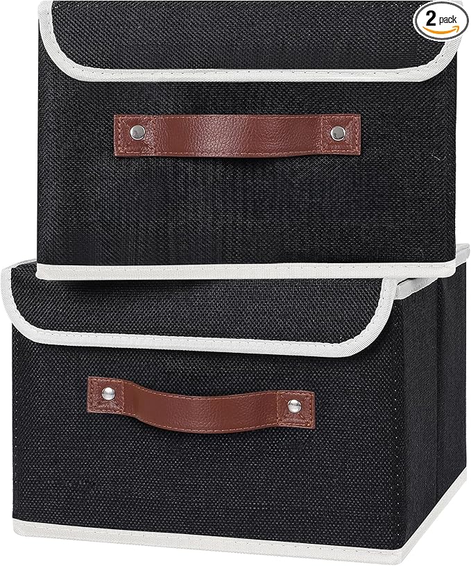 ANMINY 2PCS Storage Bins with Lid PU Leather Handles Storage Boxes PP Plastic Board Decorative Foldable Lidded Cotton Linen Fabric Home Cubes Baskets Closet Organizer Containers - Black, Small Size