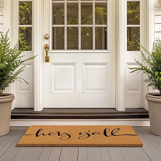 Barnyard Designs Natural Coco Coir Heavy Duty Backing Doormat - Large Cute Non-Slip Front Door Welcome Mat for Outside Entrance or Porch Entry, Brown (24x36, Y'all)