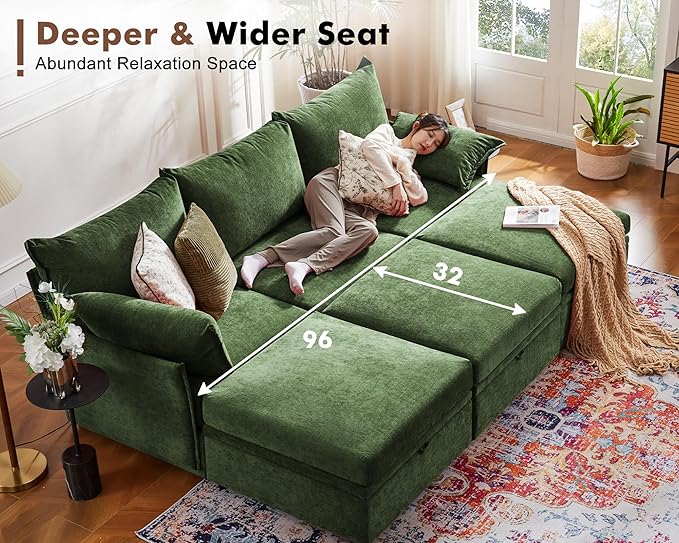 135.5" Oversized Modular Sectional Sofa, L Shaped Convertible Couch with Movable Ottoman, Large 6 Seat Corner Couches for Living Room Deep Seat Green Chenille