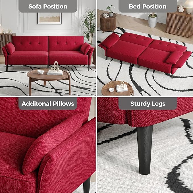 89” Futon Sofa Bed, Linen Comfy Futon Couch Bed with 2 Square Pillows, Convertible Sleeper Sofa with Adjustable Backrest& Armrests, Modern Loveseat Sleeper for Living Room, Bedroom, Red