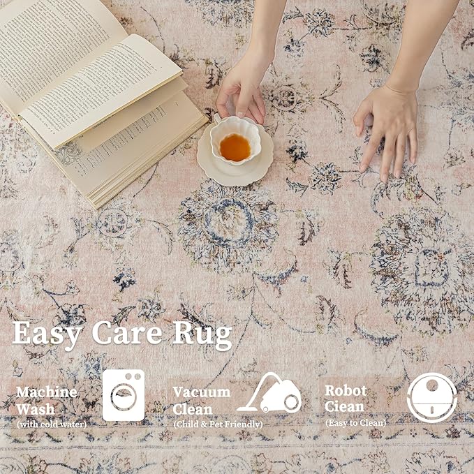 2'x3' Vintage Floral Rug - Persian Inspired Low-Pile Faux Wool Area Rug, Non-Slip Washable Small Rug for Bedroom, Nursery, Dorm, Soft Pink Boho Chic Decor