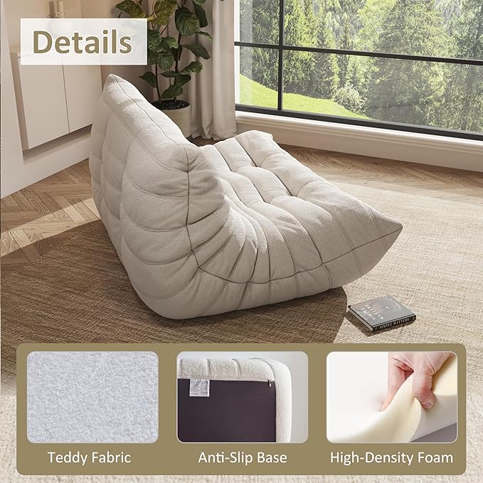 Bean Bag Chair, Oversized Loveseat Fireside Chair for Adults, 2 Seater with Memory Foam Filled, Lazy Sofa Lounge Floor Sofa for Living Room, Bedroom, Office, No Assembly Required. (Beige)