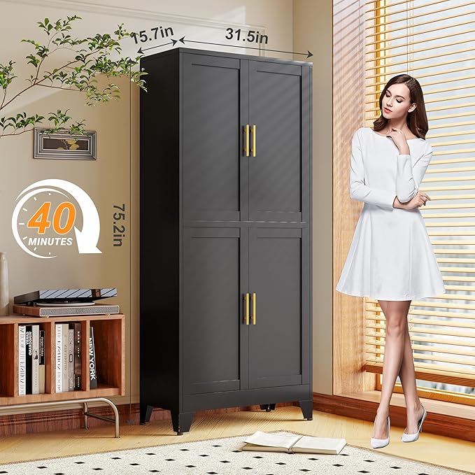 75.2" Tall Metal Pantry Cabinet, Storage Cabinets with 4 Door and 4 Adjustable Shelves, Black Kitchen Pantry Storage Cabinet, Freestanding Cupboard for Kitchen Dining Room Living Room Bathroom