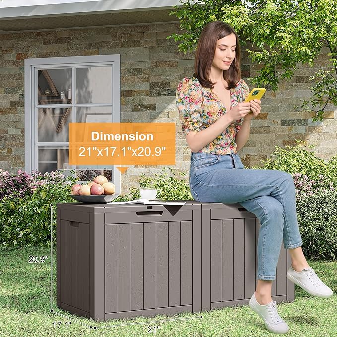 32 Gallon Deck Box Lockable Resin Indoor Outdoor Storage Box waterproof Outdoor Container for Patio Furniture, Pool Accessories, Cushions, Garden Tools, Sports Equipment