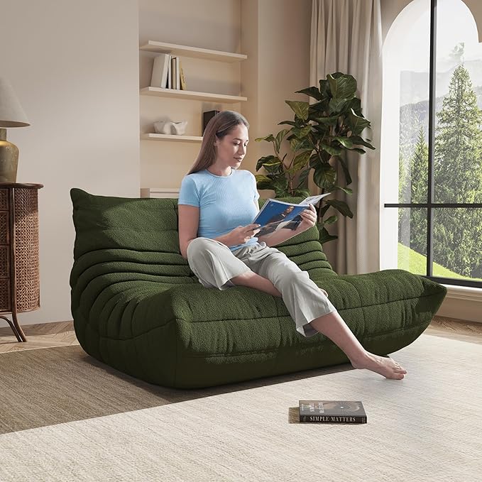 Bean Bag Chair, Oversized Loveseat Fireside Chair for Adults, 2 Seater with Memory Foam Filled, Lazy Sofa Lounge Floor Sofa for Living Room, Bedroom, Office, No Assembly Required. (Green)