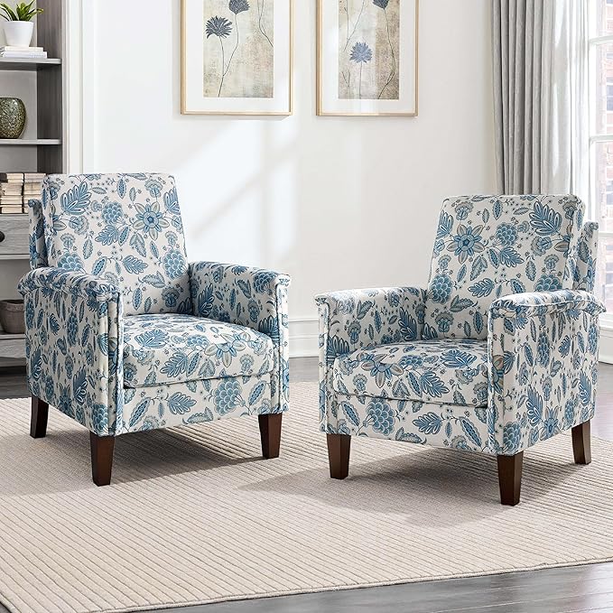 Floral Accent Chair Set of 2, High Back Upholstered Armchair with Solid Wooden Legs, Padded Armrest and Removable Comfortable Cushioned Seat Single Sofa for Living Room, Bedroom, Blue