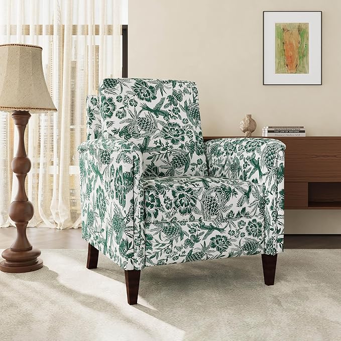 Floral Accent Chair, High Back Upholstered Armchair with Solid Wooden Legs, Padded Armrest and Removable Comfortable Cushioned Seat Single Sofa for Living Room, Bedroom, Green