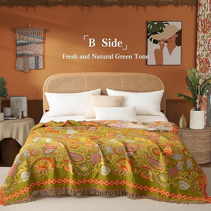 Boho Throw Blanket Queen Size, Oversized Soft Cozy Cotton Muslin Quilt Blanket for Bed Decor, Floral Patterned Couch Sofa Chair Cover, Vintage Farmhouse Cottage Woven Blanket, Coral&Green