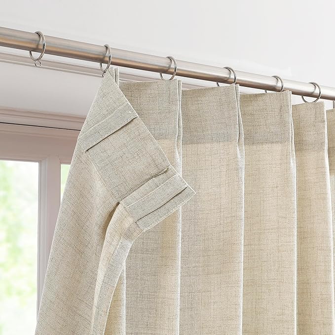 FMFUNCTEX Pinch Pleated Curtains 84 Inches Long for Living Room, Beige Semi Sheer Faux Linen Textured Pleat Drapes for Bedroom with Hooks, Light Filtering Neutral Farmhouse Window Drapes 2 Panels