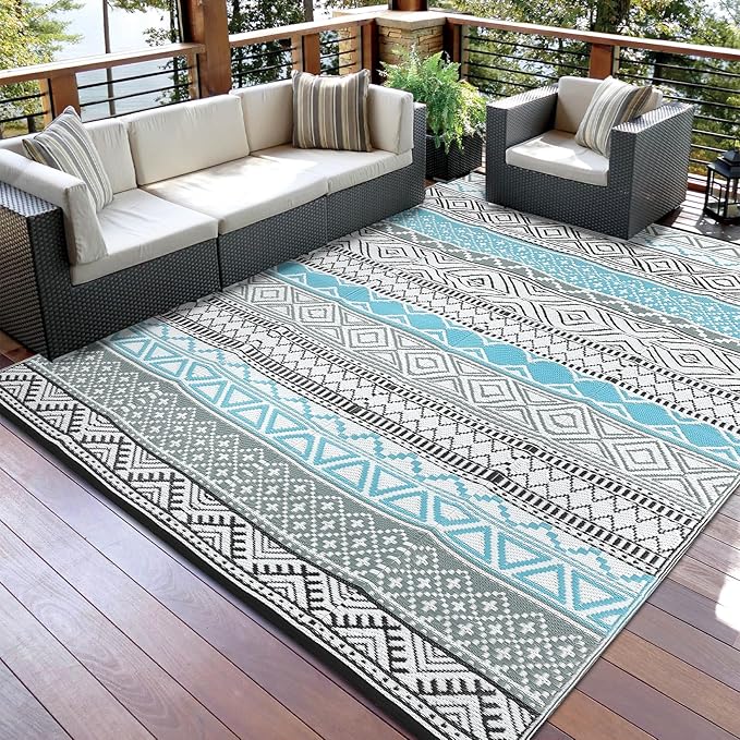 GAOMON Reversible Outdoor Rug 9'x18' Waterproof Plastic Straw Rug, Patio Rug, Large Modern Area Rug Carpet, Indoor Outdoor Rugs for Camping, Porch, Deck, Balcony, Backyard, Blue/Grey(Bohemia)