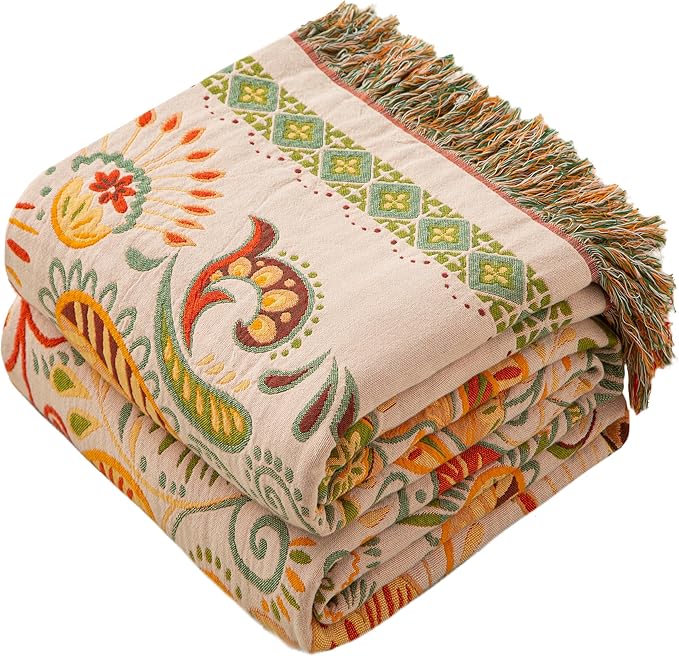 Boho Throw Blanket Twin Size, Soft Cozy Cotton Muslin Quilt Blanket for Bed Decor, Floral Patterned Couch Sofa Chair Cover, Vintage Farmhouse Cottage Tapestry Woven Blanket, Coral&Green