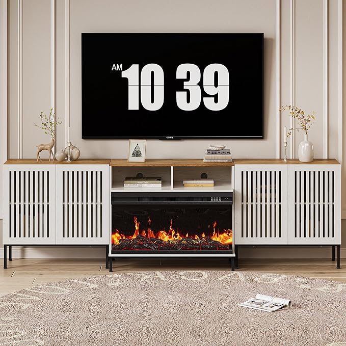 3-Sided Glass Farmhouse Fireplace TV Stand for TVs Up to 100 Inch, Entertainment Center with 36" Electric Fireplace, TV Console with Storage Cabinets for Living Room, Antique White