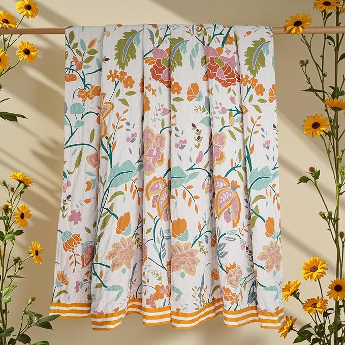 Boho Throw Blanket, 100% Organic Cotton Breathable Ultra Soft 80" x 90" Bed Quilt Throw - All Season Floral Rustic Farmhouse Decor Luxury Reversible Blanket for Sofa Couch Chair and Gift