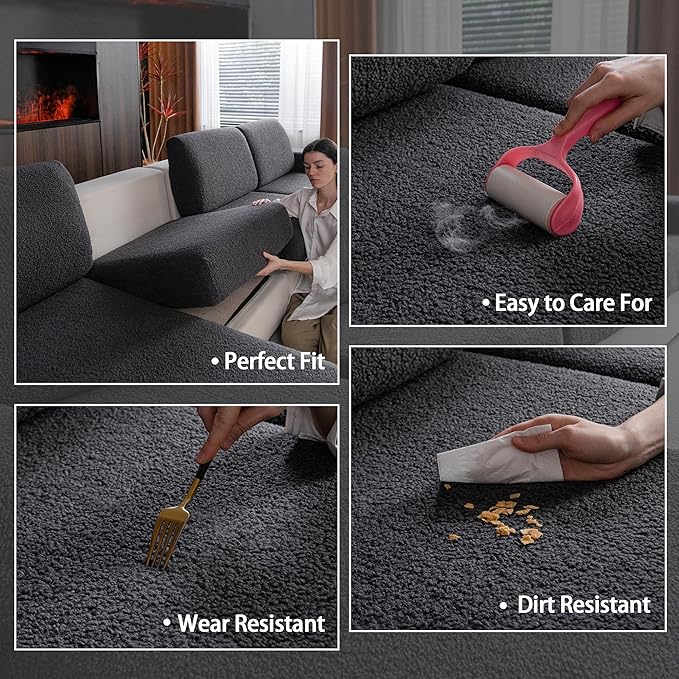 Couch Cushion Covers for Sectional Sofa, Stretch Soft Sofa Slipcovers Washable Wear-Resistant Universal Furniture Protector for Living Room(1 Piece Chaise Cover, Dark Gray)