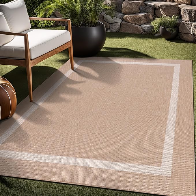 Bordered Outdoor Rug 9x12 Washable Outside Carpet for Indoor Patio Porch Waterproof Easy Cleaning Non Shedding Area Rugs Beige 9 x 12
