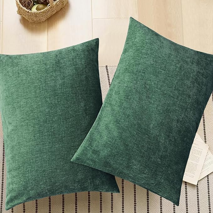 CaliTime Throw Pillow Covers Decorative 20 X 26 Inches Pack of 2 Cozy Chenille Standard Pillow Shams Cases for Couch Sofa Bed Living Room Home Dark Green