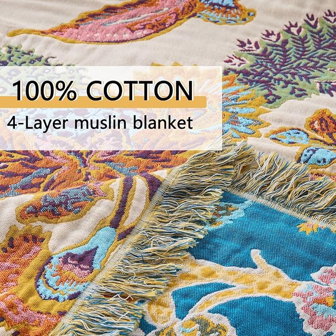 100% Cotton Summer Boho Throw Blanket, King Size Living Room Reversible Blanket, Boho Floral Bird Colorful Retro Quilt Ultra Soft Reversible Gauze Blanket for All Season, 90"x98"