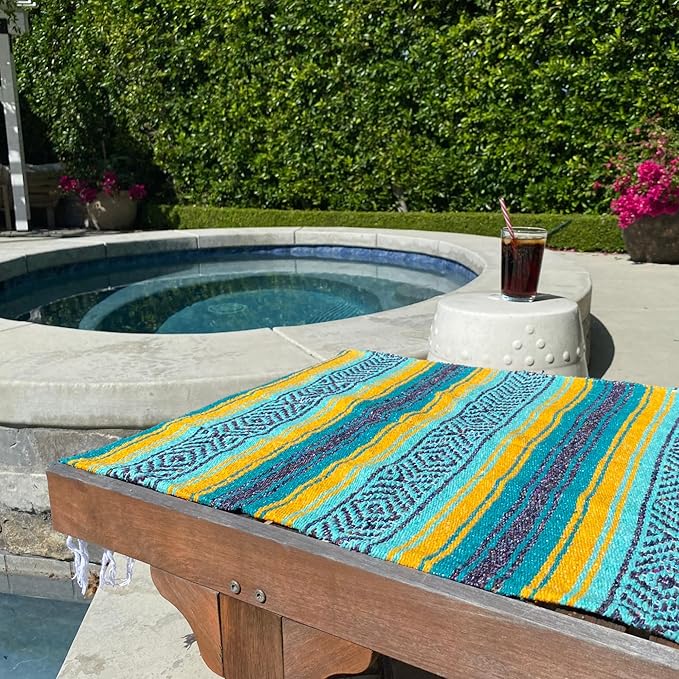 Del Mex Classic Mexican Blanket, Large Authentic Woven Falsa Throw (70"x50"), Artisan Southwest Décor for Beach, Yoga, Outdoors (Teal/Yellow)
