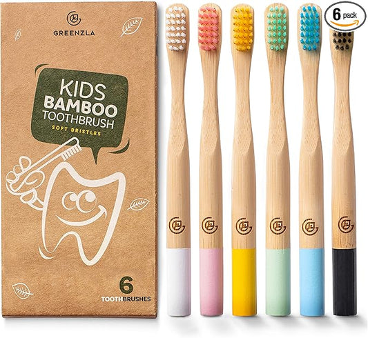 GREENZLA Kids Bamboo Toothbrushes, Natural Toothbrush Set, Soft Bristles, Durable Charcoal Wooden Brushes, Compostable Design for Toddlers and Children, 6 Pack