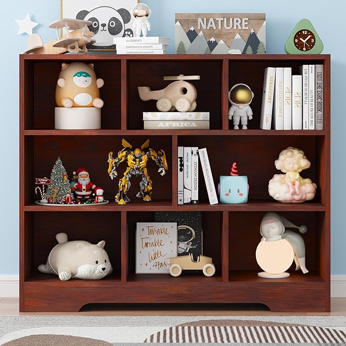 Book Shelf Set of 2, 8 Cubes Storage Organizer, 3-Tier Open Bookshelf Wooden Bookcase, Freestanding Cherry Bookshelf Cube Shelf for Living Room