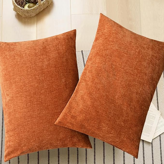 CaliTime Fall Throw Pillow Covers Decorative 20 X 26 Inches Pack of 2 Cozy Chenille Standard Pillow Shams Cases for Couch Sofa Bed Living Room Home Burnt Orange