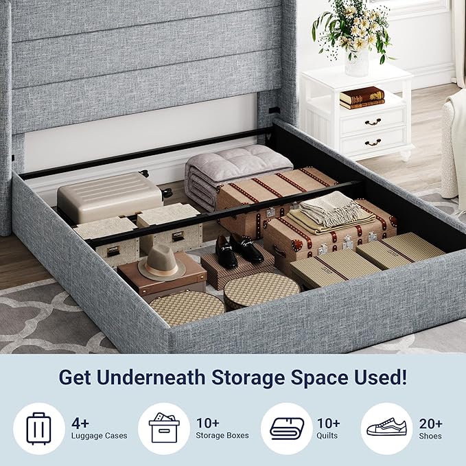 Allewie Full Size Lift Up Storage Bed, Modern Wingback Headboard, Hydraulic Support, No Box Spring Needed, Grey Blue